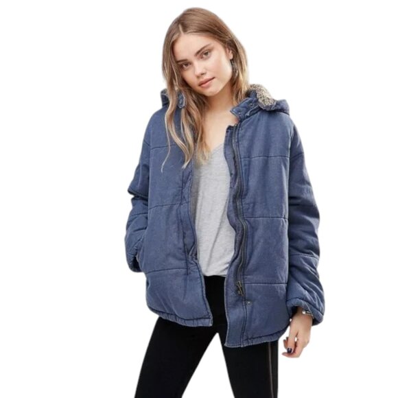 Free People Quilted Denim Jacket Sherpa Lined Hooded Coat Blue Zip-Up Size L - Picture 1 of 9